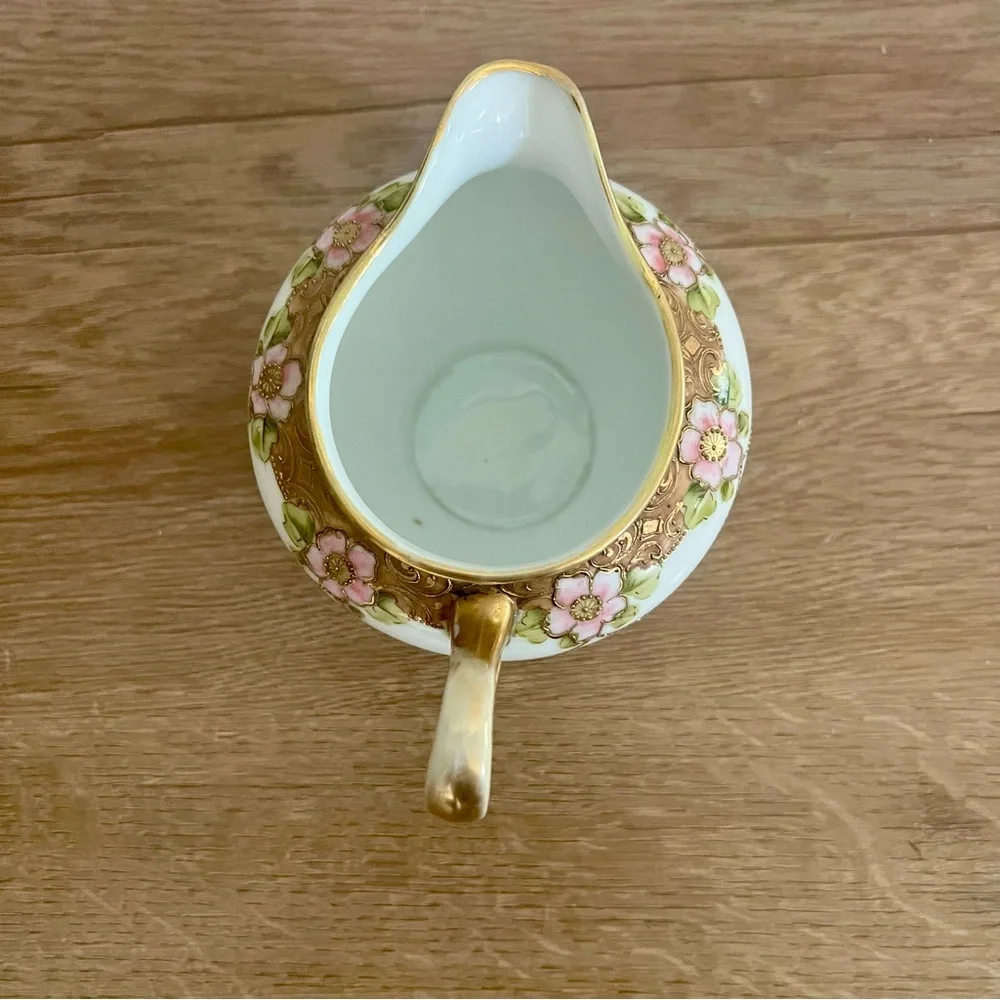 Antique 1910 Handpainted RC Nippon Porcelain Pitcher Creamer Gold beads Flowers‎